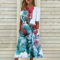 HHEI_K Женски летен ежедневен печат мода v-образно деколте с късо ръкав на плажна люлка пола