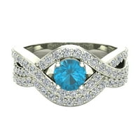 Сини диамантени годежни пръстени за жени кръгли изрязани сини диамантени пръстени Криси Крос преплетени 14K бяло злато 1. Карат