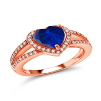 Gem Stone King 1. CT Сърце форма Синя създадена сапфир и мосанит 18k розово злато, покрито със сребърен пръстен