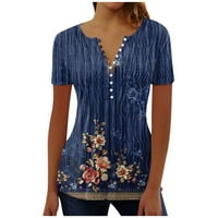 Sksloeg Женска блуза плюс размер реколта цветно отпечатан бутон надолу с къс ръкав туника отгоре скрити ризи за корем свободна била блуза за гамаши, тъмно синьо s