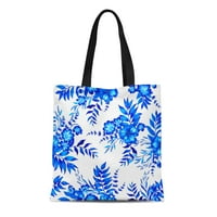 Платно тотална чанта флорален модел синьо и бяло цвете елегантна градина ботанически издръжлив чанта за пазаруване на рамо раменни хранителни стоки