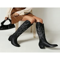 Welliumy Womens Western Boot Vintage Cowgirl Boots Посочен пръст с бродирани обувки работи ходене на небрежна кокетна пета черна 6.5
