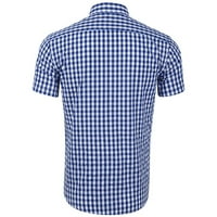 Най -висок ръкав отгоре мъжки ежедневни карирани риза за печат джоб с къс ръкав завой риза бутон Официална риза Бърза суха къса памучна синя l