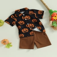 Sunisery Toddler Boys Halloween тоалети с къс ръкав Бутон за тиквен печат надолу риза + къси панталони есенни дрехи