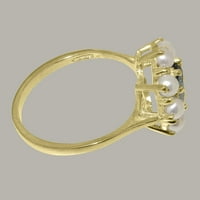 Британски направени 9k жълто злато естествено Лондон Синьо Топаз и култивиран перлен женски пръстен - Опции за размер - размер 5.25