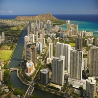 Хавай, Оаху, въздушен изглед на Уайкики; Печат на плакат на Хонолулу