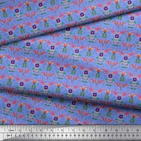 Soimoi Blue Cotton Cambric Fabric Artistic Leaves & Flower Geometric Fabric щампи по двор широк
