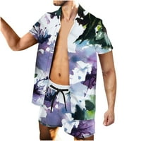 Мъжки ежедневни плажни костюми спокойни годни 3D тропически щампа с къс ръкав бутон надолу с яка тениска и шорти за теглене на дрезга