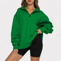 Qcmgmg есенни суичъри за жени Лапина половина цип дамски пуловер суичър с дълъг ръкав свободен квартал цип дами ежедневни ризи елегантни върхове за парти дамски зелено l