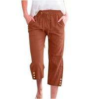 Панталони за ленени панталони за жени копчета капризи панталони за жени с теглене еластична висока талия спално бельо пантало