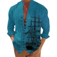 Ризи за копче за мъже свободни годни винтидж кораб принт с дълъг ръкав стойка яка кардиганска риза ежедневна мода дишащи блузи върхове сини xxxl