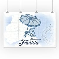 Pensacola, Флорида - Плажен стол и чадър - Синя - крайбрежна икона - произведение на изкуството на фенера