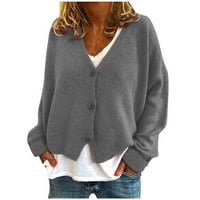 Wyongtao Женски есен с дълъг ръкав кабел плетен пуловер Отворен фронт картонен бутон Разхлабени връхни дрехи, сив XL